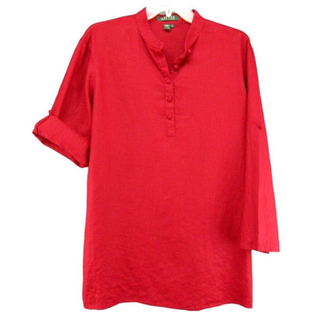 Lauren Ralph Lauren Red Tunic with Mandarin Collar and Cuffed Sleeves